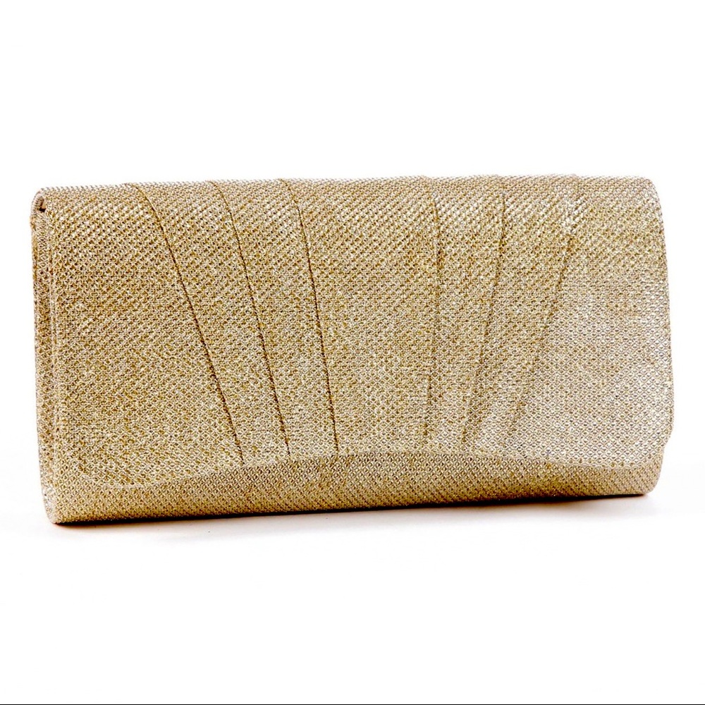 Damara Gold Glitter Perfectly Pleated Clutch party Bag with Chain